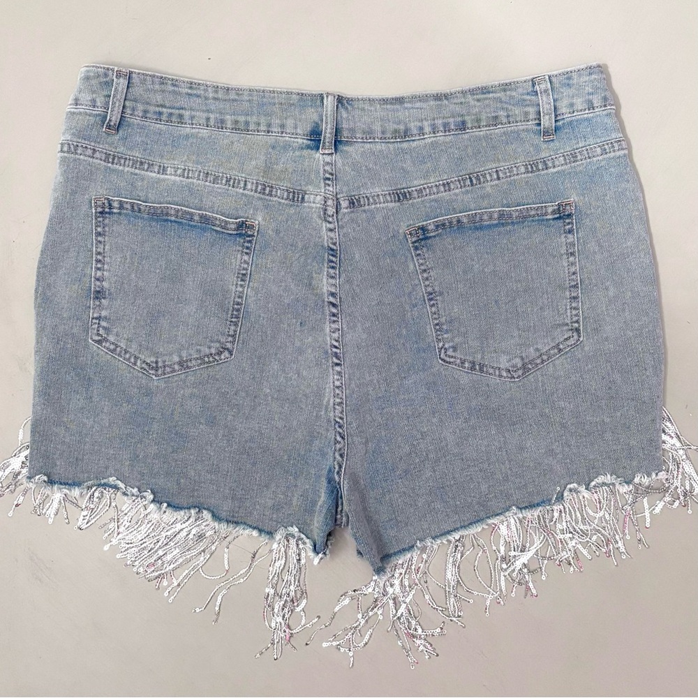 Ripped Denim Delicate Pearl Rhinestones Fringe Tassel High Waist Jean Shorts - Picture 8 of 9